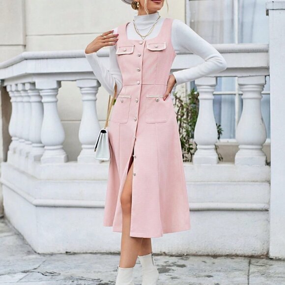 Pink Preppy Womens Flap Pocket Button Front Dress - Picture 4 of 5